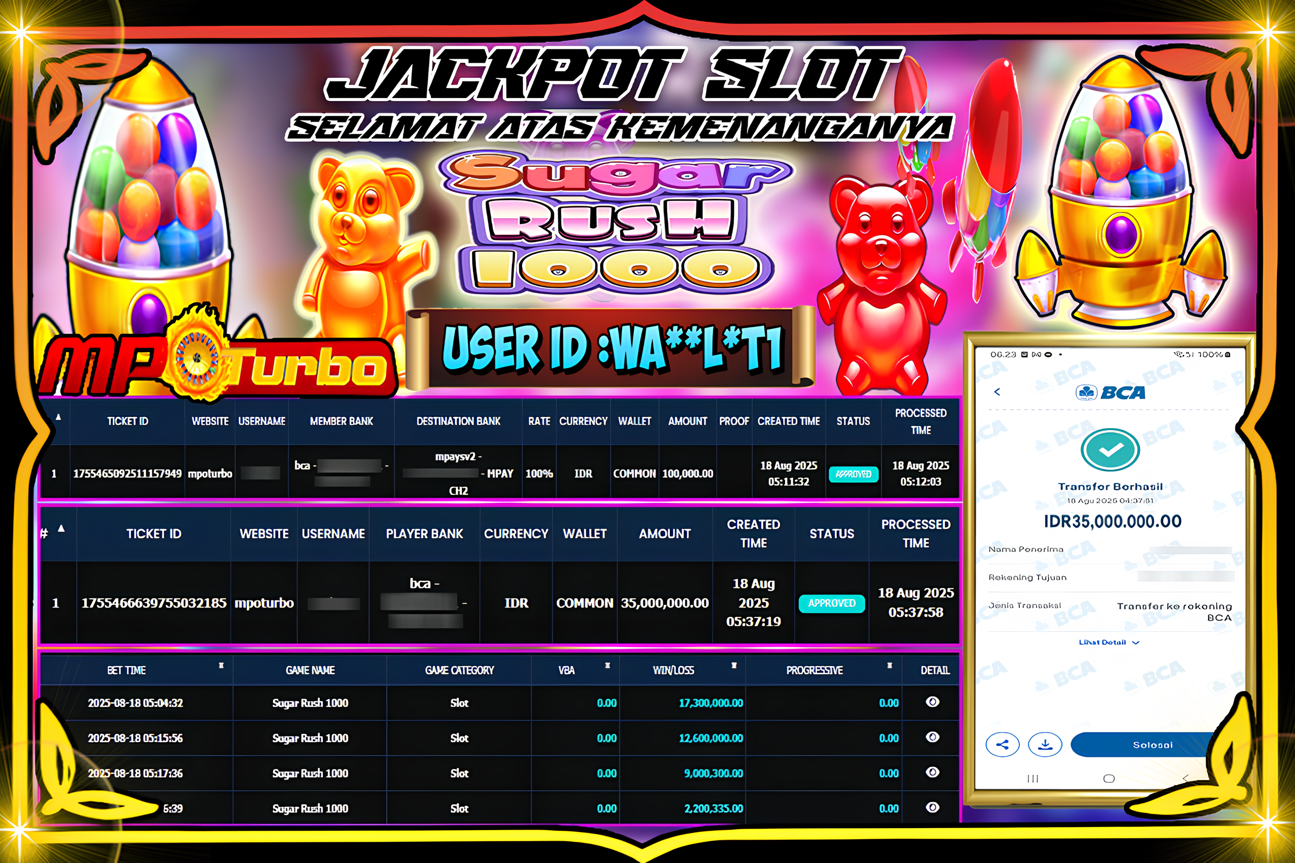 MPOTURBO JACKPOT SLOT SUGAR RUSH 1000 Rp 35.000.000.00,- LUNAS